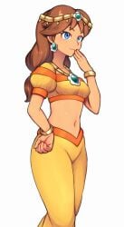 2d 2d_(artwork) 2d_artwork bare_arms bare_midriff belly_button belly_dancer belly_dancer_outfit blue_eyes bracelet brooch brown_hair dancer dancer_class dancer_girl dancer_outfit ear_piercing ear_ring earring earrings emerald emerald_(gem) emerald_brooch eyelashes flower_brooch flower_crown flower_earrings gem gem_earrings gem_on_forehead gemstone gold_(metal) gold_bracelets gold_jewelry gold_necklace gold_neckwear gold_tiara golden_bracelets golden_necklace golden_neckwear golden_tiara green_brooch green_ear_piercing green_earring green_earrings green_gem green_gemstone harem harem_girl harem_jewelry harem_outfit harem_pants harem_top hourglass_figure hourglass_figured_female long_hair mario_(series) mario_kart mario_kart_world middle_eastern middle_eastern_clothing middle_eastern_female midriff navel necklace necklace_female neckwear pants princess princess_daisy princess_daisy_(oasis) princess_outfit smug smug_face smug_grin smug_smile super_mario super_mario_bros. super_mario_land tan_skin tan_skinned_female tiara top topwear video_game video_game_character video_game_franchise video_games yellow_harem_top yellow_pants yellow_top yellow_topwear