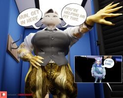 3d_(artwork) 5_fingers anthro asian_mythology biped black_hair bulge camseven cheek_tuft closed_smile clothing cybernetic_hand cybernetics detailed_bulge dialogue digital_media_(artwork) domestic_cat duo east_asian_mythology empty_eyes english_text epic_games eye_scar facial_scar facial_tuft felid feline felis fingers forbidden_pants fortnite fur fur_tuft furgonomic_hoodie furgonomics genital_outline gold_body hair hand_on_hip hi_res japanese_mythology machine male mammal meowdas mouth_closed multicolored_body multicolored_fur mythology nekomata notched_ear nyanja_(fortnite) open_mouth patreon patreon_logo penis_outline pink_inner_ear red_body red_fur scar smile solo_focus speech_bubble talking_to_another talking_to_partner text topwear tuft vest whiskers white_body white_fur yellow_eyes yokai