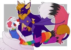 absurd_res anthro bat breast_play breast_suck breasts canid canine clown duo female female_on_top hi_res kyabetsu male male/female mammal on_top penetration pillow purple_body sucking vaginal_penetration vaginal_penetration vera(kodi_wolf2002) wings
