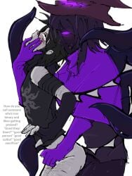 1boy azure_(forsaken) bandages black_hair black_skin blush english_text forsaken_(roblox) grey_skin hand_in_mouth male moaning nonbinary nonbinary_(lore) purple_eyes roblox roblox_game robloxian scars scars_all_over self_harm_scars self_upload tagme tagme_(artist) tail tentacle text two_time_(forsaken) wings