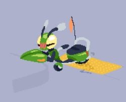 animated antennae_(anatomy) arthropod blinking_light blush digital_media_(artwork) emmie_(giik) exhaust female furry giik green_body insects living_machine living_vehicle machine mantis masturbation moped no_artist_signature nonbinary_(lore) pixel_(artwork) pixel_animation solo vehicle