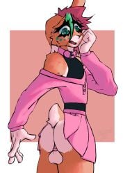 absurd_res anthro ass balls bottomwear clothed clothing collar embarrassed_nude_femboy femboy fur furry genitals green_eyes hair hi_res jacket lagomorph leporid looking_at_butt male mammal mistythemist open_mouth orange_body orange_fur pink_collar pink_ring rabbit raised_bottomwear raised_clothing raised_skirt red_hair scut_tail shaded short_tail simple_background skirt solo solo_focus tail tail_tuft topwear tuft worried worried_face worried_look