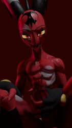 9:16 anthro blitzo_(helluva_boss) bodily_fluids demon facial_markings genitals head_markings helluva_boss hi_res horn humanoid looking_at_viewer male markings mrhasbeen muscular muscular_male nude penis red_eyes simple_background solo sweat teeth tongue tongue_out