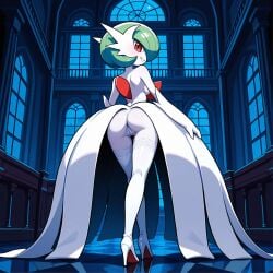 ai_generated cameltoe dress female gardevoir gloves high_heels looking_at_viewer looking_over_shoulder mega_gardevoir night nintendo pokemon red_eyes thigh_high_stockings topless white_dress white_panties white_stockings