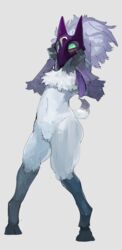 2016 3_fingers anthro ass caprine digitigrade female flat_chested fur furry green_eyes hooves kindred lamb_(league_of_legends) league_of_legends liteu long_ears long_hair mammal mask nude pussy riot_games sheep simple_background solo spirit white_background white_fur white_hair