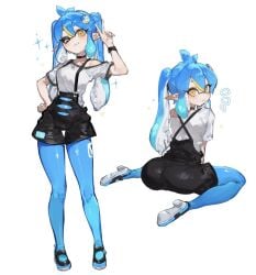 blue_hair inkling_girl legs looking_at_viewer looking_back peace_sign pointy_ears sitting smiling splatoon_(series) suspenders tights twintails white_background yellow_eyes