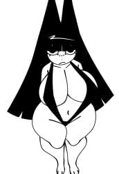 big_breasts bikini black_and_white black_bikini black_hair breasts catwitch_(xarop77) long_hair voluptuous voluptuous_anthro voluptuous_female white_background wide_hips xarop77