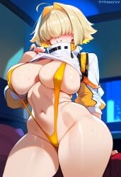 1girls 2d ai_generated big_breasts bikini blonde_hair elegg_(nikke) female female_focus female_only goddess_of_victory:_nikke hair_intakes hair_over_eyes indoors large_breasts short_hair sling_bikini solo solo_female solo_focus swimsuit tagme