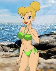 2025 beach_background belly blonde_eyebrows blonde_ponytail blue_eyes_female carlshocker deviantart disney disney_fairies green_bikini hand_on_head looking_at_viewer meta not_ai_generated not_porn red_lipstick smile_at_viewer smiling_at_viewer tinker_bell tummy walt_disney_animation_studios wings_on_back