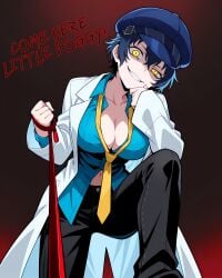 1girls ai_generated atlus bangs black_headwear blue_hair blue_shirt breasts cabbie_hat cleavage collarbone dark_persona grin hair_between_eyes hat labcoat large_breasts long_sleeves looking_at_viewer navel pants persona persona_4 shadow_naoto shadow_self_(persona) shirogane_naoto short_hair smile solo stabletomboy yellow_eyes