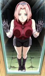 against_glass ai_generated anime_style bike_shorts black_shorts female from_outside glove green_eyes looking_at_viewer naruto_shippuden pink_hair sakura_haruno self_upload short_hair sleeveless