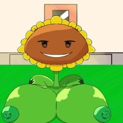 areolae big_breasts dingdingwing huge_breasts nipples plant plants_vs_zombies pvz seductive seductive_eyes seductive_look seductive_smile smiling smug smug_face smug_smile sunflower sunflower_(pvz)