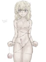 1boy big big_ass big_thighs blush bound bridget embarrassed femboy green_eyes guilty_gear male naked penis solo_male yellow_hair