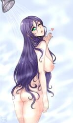 1girls ass big_breasts blowing_kiss blush breasts earring female green_eyes heart large_breasts long_hair looking_at_viewer looking_back love_live! love_live!_school_idol_project nipples nude open_mouth purple_hair shower sideboob solo spewing_mews toujou_nozomi water wet wet_hair