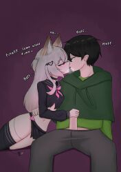 1boy 1boy1girl 1girls annytf black_hair female fox_ears fox_girl green_eyes handjob heart highlights human indie_virtual_youtuber kiss kissing male pink_eyes szpecter tail vedal987 virtual_youtuber vtuber white_hair