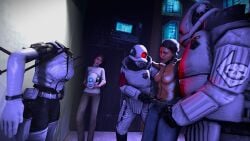 2boys 2girls 3d 3d_(artwork) 3d_model 3d_render alyx_vance bad_end betrayal brainwashing captured captured_heroine combine_(half-life_series) combine_elite_(half-life_series) defeated defeated_heroine enemy_conversion female half-life:_alyx half-life_(series) half-life_2 half_naked judith_mossman male mind_alteration mind_break mind_control mindbreak pants reivoxel resisting scared topless