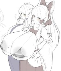 2girls areolae black_eyes breasts crabb embarrassed eyebrows_visible_through_hair female female_only flustered gigantic_breasts green_eyes hair_ribbon hairbow hakurei_reimu huge_breasts kochiya_sanae long_hair miko mole mole_under_eye monochrome ponytail reimu_hakurei sanae_kochiya shrine_maiden smile smug suwacrab tied_hair touhou very_long_hair