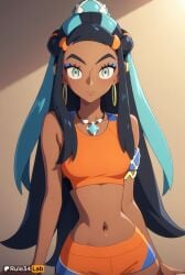 1girls ai_generated aqua_hair armlet artist_name bare_shoulders belly_chain black_hair blue_eyes blue_eyeshadow blue_hair breasts closed_mouth crop_top dark-skinned_female dark_skin earrings eyelashes eyeshadow game_freak hair_bun hi_res hoop_earrings jewelry long_hair looking_at_viewer makeup midriff multicolored_hair navel necklace nessa_(pokemon) nintendo pokemon pokemon_(anime) pokemon_(game) pokemon_ss rule34lab shorts sidelocks single_hair_bun solo stomach swimsuit tankini two-tone_hair