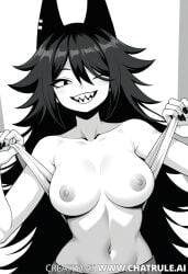 abs ai_generated black_and_white black_hair girl huge_breasts miss_circle smiling