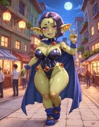 1girls ai_generated big_breasts breasts female full_body goblin goblin_art goblin_female green_skin murzy raven_(dc) solo teen_titans thick