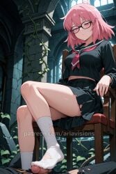 ai ai_assisted ai_generated ariavisions boku_no_hero_academia bored foot_fetish footjob glasses kazuho_haneyama my_hero_academia pink_eyes pink_hair pop_step school_uniform sitting_on_chair socks vigilante:_my_hero_academia_illegals