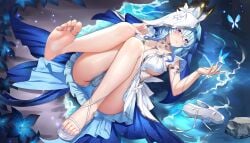 absurdres artist_request blue_hair blue_nails blue_panties breasts closed_mouth feet female highres large_breasts long_hair looking_at_viewer lying nail_polish otakueden1995 panties purple_eyes pussy see-through_clothes see-through_panties shorekeeper_(wuthering_waves) smile soles solo thighs toenail_polish toenails toes underwear wuthering_waves