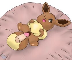 2025 bed brown_body brown_fur duo eevee female feral human human_on_feral imminent_sex lying_on_bed majika male male/female nintendo on_back one_eye_closed open_mouth paws penis pokemon pokephilia pussy spread_legs tail tuft zoophilia