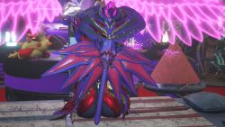 covering_ass neon_lights screencap sitting_on_bed stretching teasing warframe wisp_(warframe) witch_hat