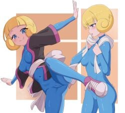 ass_visible_through_thighs blonde_hair blue_bodysuit blue_eyes blush bodysuit breasts cameltoe closed_mouth greta_(pokemon) hands_up jacket kai-too leg_up nipples_visible_through_clothing parted_lips pokemon short_hair small_breasts smile sneakers thighs towel towel_around_neck