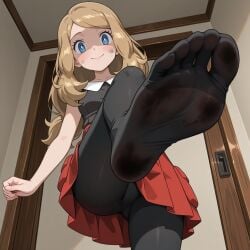 1girls ai_generated black_legwear black_tights blue_eyes brown_hair clothed dirty_feet feet female female foot_fetish foot_focus imminent_stomp leggings non-nude pixai pokemon pokemon_xy red_skirt serena_(pokemon) skirt smile tights