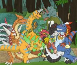 absurd_res agumon allomon anal anal_sex animal_genitalia anthro bandai_namco blue_body blue_eyes bodily_fluids brachiomon claws cloaca cloacal cloacal_penetration cloacal_penis cum cum_in_ass cum_inside cum_while_penetrated digimon digimon_(species) dinosaur feathers feral genital_fluids genitals green_body green_eyes group hi_res horn leaking leaking_cum leaking_precum male male/male male_penetrated male_penetrating male_penetrating_male markings monochromon neck_tuft open_mouth oral oral_penetration orange_body p.v.su parasaurmon penetration penis precum prehistoric_species red_body red_eyes reptile saliva saliva_string scalie sex spikes spinomon sulcus sulcus_spermaticus tail teeth triceramon tuft tyrannomon