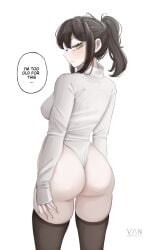 1girls 2025 artist_name ass ass_focus black_hair blush female female_only green_eyes light-skinned_female light_skin looking_at_viewer milf ponytail renee_graves shirt solo stockings the_coffin_of_andy_and_leyley thighhighs vaniste watermark white_background