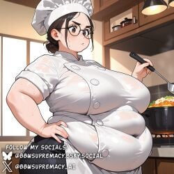 absurd_res ai_generated apron bbw bbwsupremacy belly_overhang big_ass big_belly big_breasts black_pants breasts brown_eyes brown_hair busty chef chef_hat chef_uniform chubby chubby_female cooking curvy fat female female_focus female_only food freckles glasses hair_bun hand_on_hip huge_belly huge_breasts kitchen large_breasts morbidly_obese obese obese_female overweight round_glasses solo ssbbw sweat thick thick_thighs voluptuous voluptuous_female watermark wide_hips