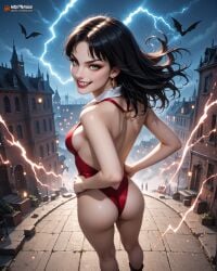 ai ai_generated bangs black_boots black_hair createdwithai digital_2d earrings fan_art fangs fangs_out female green_eyes knee_boots long_hair nostra666 pale-skinned_female pale_skin patreon red_lips red_lipstick red_swimsuit stable_diffusion swimsuit swimwear vampire vampire_girl vampirella vampirella_(cosplay) white_collar