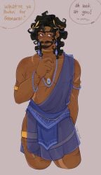 beard big_thighs black_hair blue_clothing blue_eyes blue_jewelry brown_skin clothed clothing dilf earrings epic_the_musical greek_mythology jewelry long_hair nipple_piercing odysseus odyssey scar scars sexy sexy_body sexy_clothing sexy_man thigh_ring