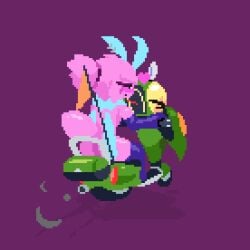 ambiguous_gender animated antennae_(anatomy) arthropod backfire digital_media_(artwork) duo emmie_(giik) exhaust female female/ambiguous furry giik green_body heart_symbol hearts_around_head insects lepidopteran living_machine living_vehicle low_res machine mantis moth no_artist_signature nonbinary_(lore) original pink_body pixel_(artwork) pixel_animation suggestive vehicle wings
