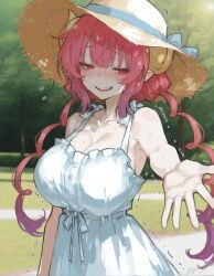 1girls ai_generated blush date female half-closed_eyes huge_breasts ilulu_(dragon_maid) kizirugai kobayashi-san_chi_no_maidragon looking_at_viewer miss_kobayashi's_dragon_maid nervous no_bra outstretched_hand pov reaching_towards_viewer shortstack shy sundress sweat trembling wholesome