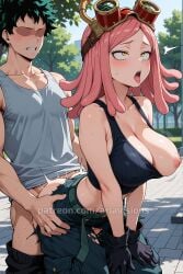 ahe_gao ai ai_assisted ai_generated ariavisions boku_no_hero_academia goggles_on_head hatsume_mei izuku_midoriya large_breasts midoriya_izuku my_hero_academia one_breast_out pink_hair sex_from_behind taken_from_behind tongue_out torn_clothes yellow_eyes