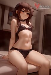 1girls 2d ai_generated ass back bare_shoulders barefoot big_ass bra brown_hair collar erophoenix female female_focus full_body kono_subarashii_sekai_ni_shukufuku_wo long_hair looking_at_viewer megumin pale_skin pale_skinned_female panties patreon_username red_eyes short_hair sitting small_breasts smile soles solo thick thick_thighs uncensored underwear