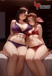 2d 2girls aerith_gainsborough ai_generated ass barefoot big_ass big_breasts blush bra couch dress erophoenix feet female female_focus final_fantasy final_fantasy_vii final_fantasy_vii_rebirth final_fantasy_vii_remake indoors jewelry large_breasts long_hair multiple_girls naked navel panties patreon_username purple_bra purple_panties red_bra red_eyes red_panties sitting small_breasts smile soles sweat sweating thick_thighs thighs tifa_lockhart underwear yuri yuri
