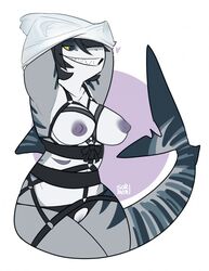 anthro areola breasts carmine clothing female fish grey_nipples grey_skin half-closed_eyes hi_res marine navel nipples panties pussy shark sharp_teeth simple_background smile solo sorimori striped_tail teeth underwear undressing