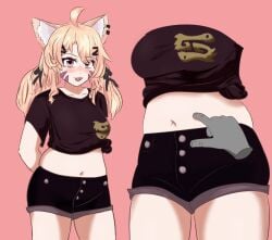 :3 ahoge animal_ear_fluff animal_ears arms_behind_back bangs black_shirt black_shorts blonde_hair blush bow breasts cat_ears cowboy_shot crop_top eyebrows_visible_through_hair female hair_ornament hairbow hairclip heart long_hair looking_at_viewer midriff multiple_views navel oerba_yun_fang open_mouth pink_background pink_eyes shirt short_shorts short_sleeves shorts simple_background smile squchan_(vtuber) stomach tongue tongue_out twintails vyugen