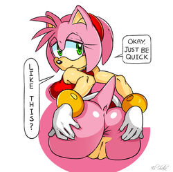 amy_rose anthro anus ass ass_grab back_view bottomless clothes dat_ass dialog dialogue el_shaka english_text female female_only fur furry furry_ass furry_only gloves green_eyes hedgehog looking_at_viewer looking_back mammal open_eyes pink_fur presenting presenting_anus presenting_hindquarters presenting_pussy pussy rear_view simple_background solo sonic_(series) speech_bubble spread_ass squidapple tail talking_to_viewer text uncensored white_background