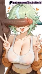 1boy 1girls 2025 ai_generated artist_name balls breasts bust chest cleavage cock covered_nipples dark-skinned_male dark_skin dick double_v double_w electroworld erection female genshin_impact green_hair head_out_of_frame hi_res high_quality high_resolution highres huge_cock interracial large_penis large_testicles male navel patreon patreon_username penis penis_awe penis_on_face precum see-through stable_diffusion straight sucrose_(genshin_impact) tank_top testicles tongue tongue_out trembling twitching_penis uncensored v veins veiny_penis w watermark wet wet_clothes wet_shirt