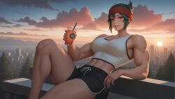 1girls abs ai_generated athletic athletic_female big_breasts big_muscles breasts budrujinit clothing female female_only hair_between_eyes holding_object kiriko_(overwatch) leaning looking_at_viewer midriff muscular muscular_arms muscular_female outdoors overwatch overwatch_2 short_hair shorts sitting smile solo sports_bra teeth thick_thighs thighs