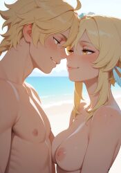 1girls 1girl 1boy 1boy1girl duo standing medium_hair medium_breasts nipples blonde_hair seductive seductive_look naked naked_female galaktika73 ai_generated ai_assisted anime anime_style 2d cute hug genshin_impact aether_(genshin_impact) lumine_(genshin_impact) siblings incest brother_and_sister blush hi_res