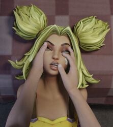 3d_(artwork) bandage_on_face defeated defeated_heroine fair-skinned_female green_hair holding_mouth_open imminent_rape imminent_sex knocked_out league_of_legends league_of_legends:_wild_rift unconscious zeri_(league_of_legends)