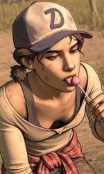 1girls ai_generated baseball_cap brown_eyes brown_hair civitai cleavage clementine_(the_walking_dead) clothed clothing female female_focus female_only hat headwear licking licking_lollipop light-skinned_female light_skin lollipop medium_hair small_breasts suggestive the_walking_dead the_walking_dead:_a_new_frontier the_walking_dead_game tongue tongue_out