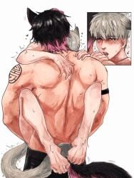 2boys anal anal_penetration anal_sex back_view blush blush_lines carrying cat_ears cat_tail color colored daddy_and_twink furry_tail gay gay_sex hand_on_butt holding_partner kaiyo kemonomimi lifted love_and_deep_space male male_only male_penetrating_male muscular_male nude oupp13s31 overstimulation partially_clothed rough_sex silver_hair standing_sex sweat sweatdrop tattoo tears tight_grip xavier_(love_and_deep_space) yaoi.