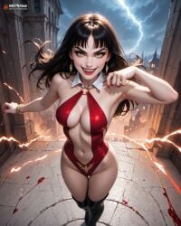 ai ai_generated bangs black_boots black_hair createdwithai digital_2d earrings fan_art fangs fangs_out female green_eyes knee_boots long_hair nostra666 pale-skinned_female pale_skin patreon red_lips red_lipstick red_swimsuit stable_diffusion swimsuit swimwear vampire vampire_girl vampirella vampirella_(cosplay) white_collar